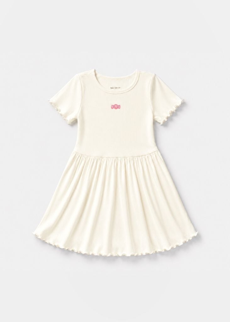 Đầm Ngắn Tay Bé Gái Kem Thêu Sweet Candy