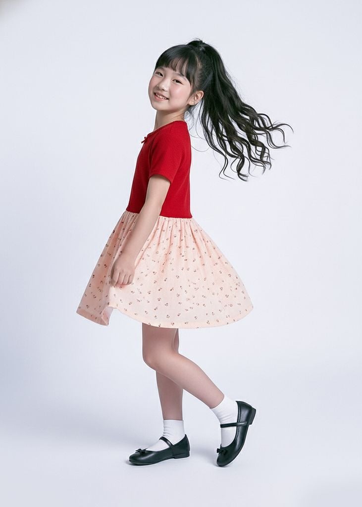 Đầm Ngắn Tay Bé Gái Thun Gân Phối Muslin Đỏ Hoạ Tiết Hoa