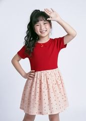 Đầm Ngắn Tay Bé Gái Thun Gân Phối Muslin Đỏ Hoạ Tiết Hoa