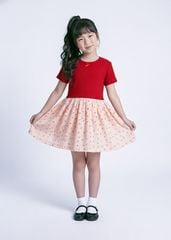 Đầm Ngắn Tay Bé Gái Thun Gân Phối Muslin Đỏ Hoạ Tiết Hoa