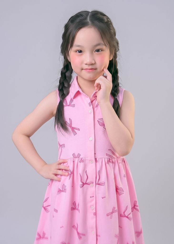 Đầm Polo Cộc Tay Bé Gái Hồng Hoạ Tiết Nơ