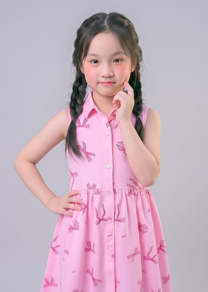 Đầm Polo Cộc Tay Bé Gái Hồng Hoạ Tiết Nơ