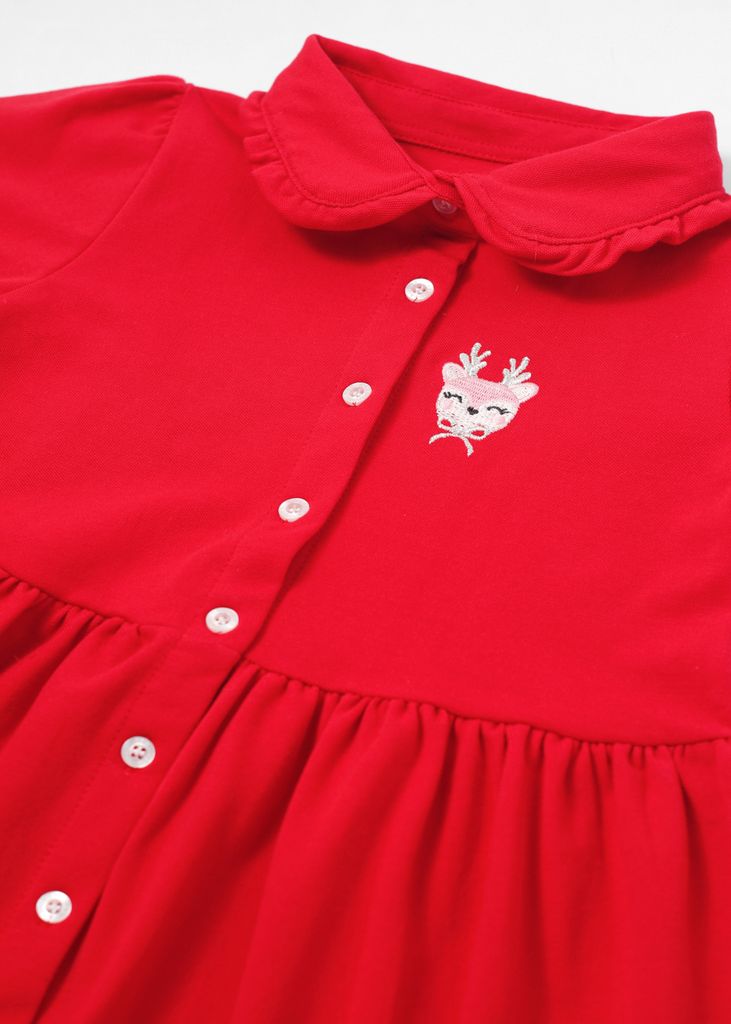 Đầm Polo Ngắn Tay Bé Gái Đỏ Thêu Tuần Lộc