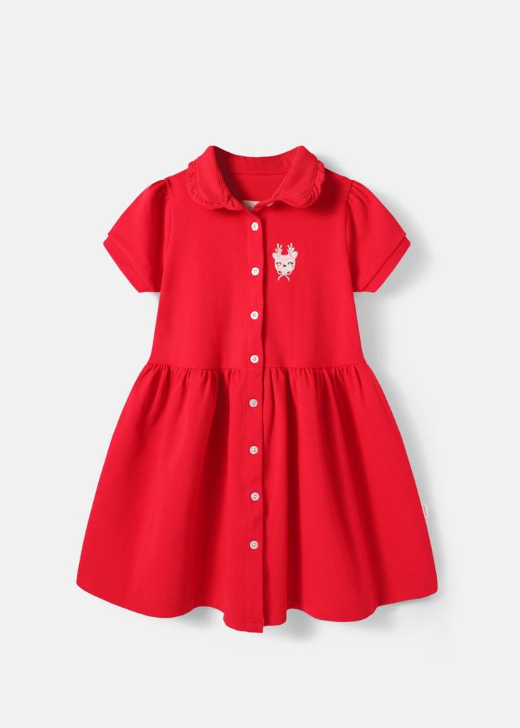 Đầm Polo Ngắn Tay Bé Gái Đỏ Thêu Tuần Lộc