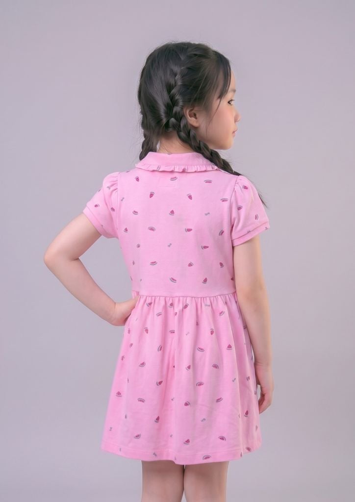 Đầm Polo Ngắn Tay Bé Gái Hồng Nhạt Hoạ Tiết Dưa Hấu