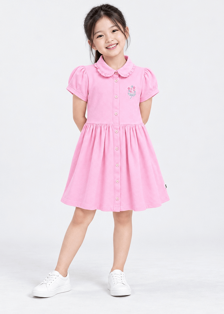 Đầm Polo Ngắn Tay Bé Gái Hồng Nhạt Thêu Unicorn