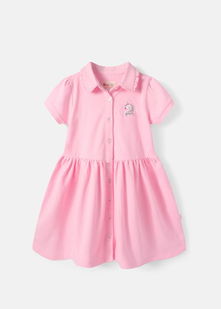 Đầm Polo Ngắn Tay Bé Gái Hồng Thêu Unicorn