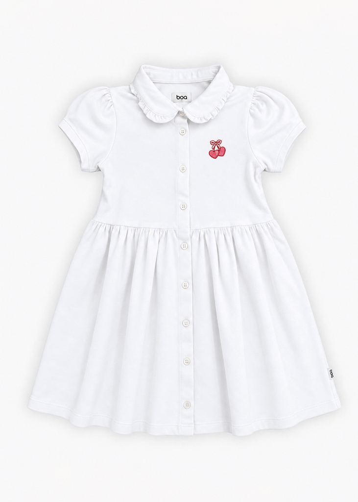 Đầm Polo Ngắn Tay Bé Gái Trắng Kem Thêu Cherry