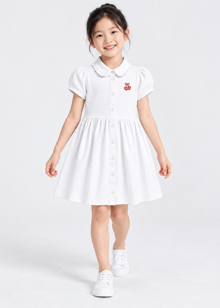 Đầm Polo Ngắn Tay Bé Gái Trắng Kem Thêu Cherry