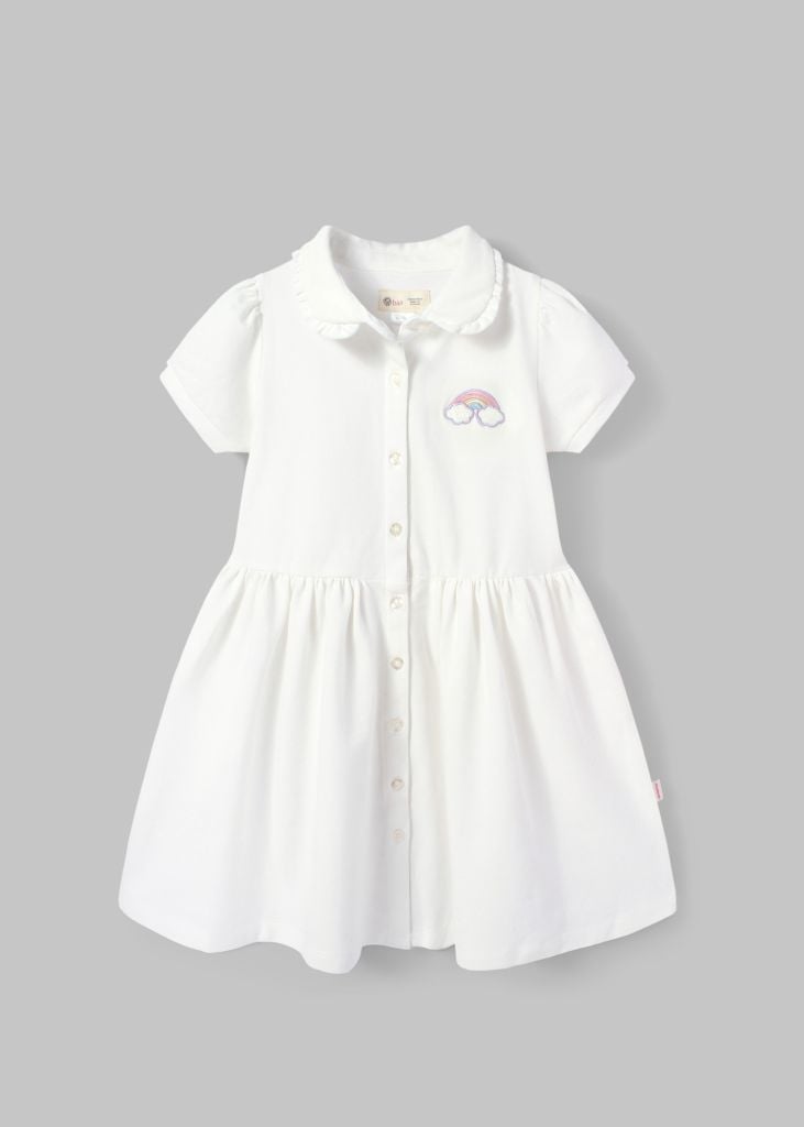 Đầm Polo Ngắn Tay Bé Gái Trắng Thêu Rainbow