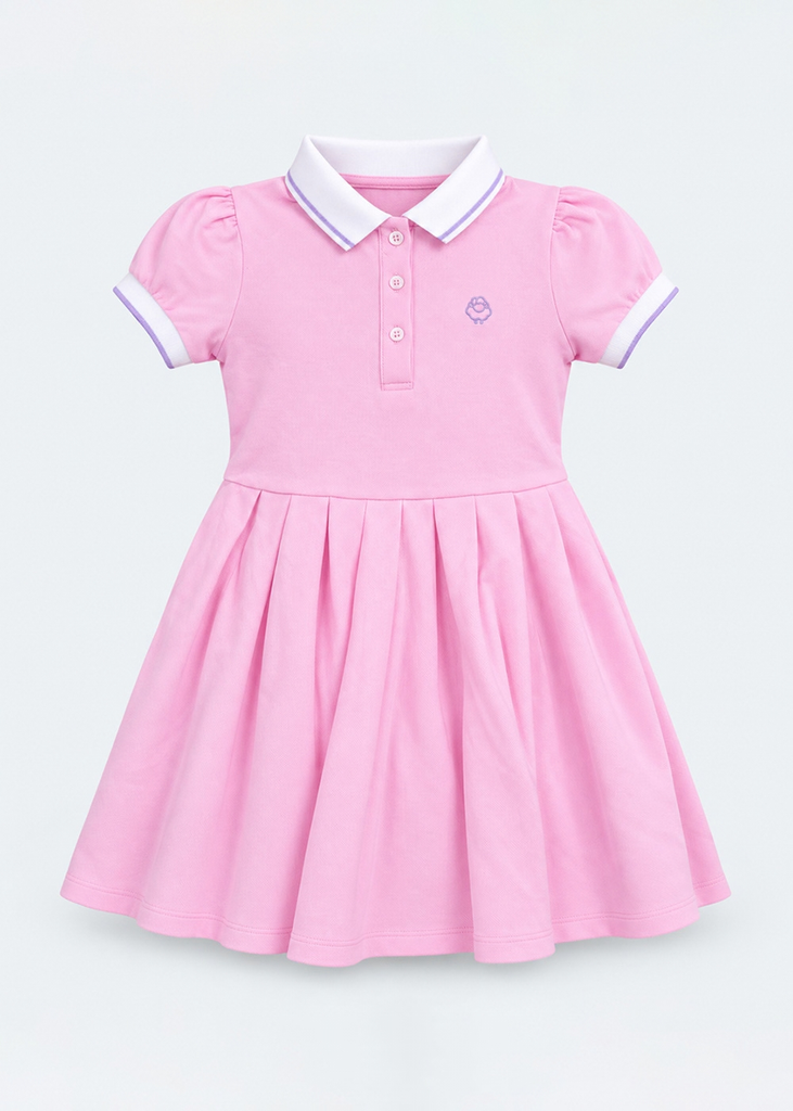 Đầm Polo Ngắn Tay Xếp Ly Bé Gái Hồng Phối Trắng Thêu Logo 02