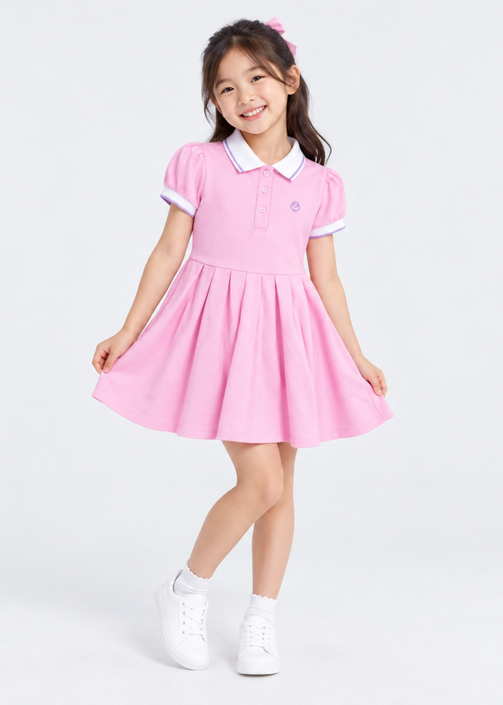 Đầm Polo Ngắn Tay Xếp Ly Bé Gái Hồng Phối Trắng Thêu Logo 02