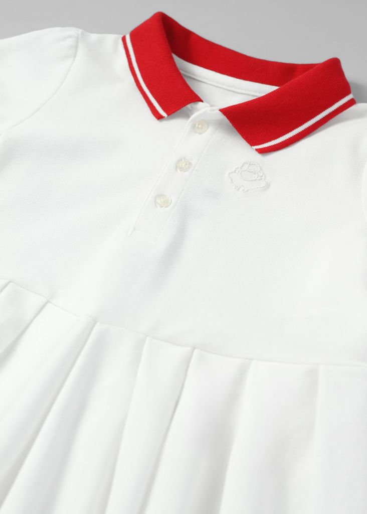Đầm Polo Ngắn Tay Xếp Ly Bé Gái Trắng Phối Đỏ Thêu Logo