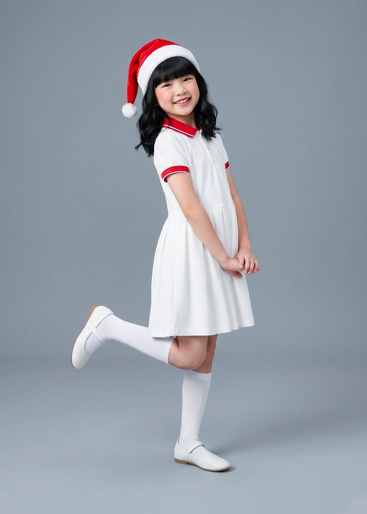 Đầm Polo Ngắn Tay Xếp Ly Bé Gái Trắng Phối Đỏ Thêu Logo