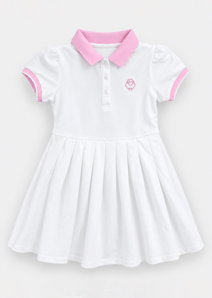 Đầm Polo Ngắn Tay Xếp Ly Bé Gái Trắng Phối Hồng Thêu Logo