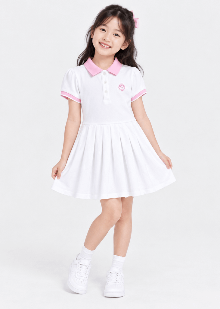 Đầm Polo Ngắn Tay Xếp Ly Bé Gái Trắng Phối Hồng Thêu Logo