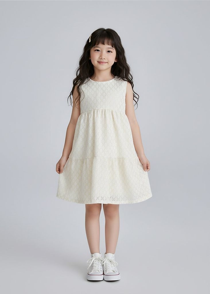 Đầm Thun Kiểu Hai Tầng Bé Gái Kem Kim Tuyến Vàng Gold