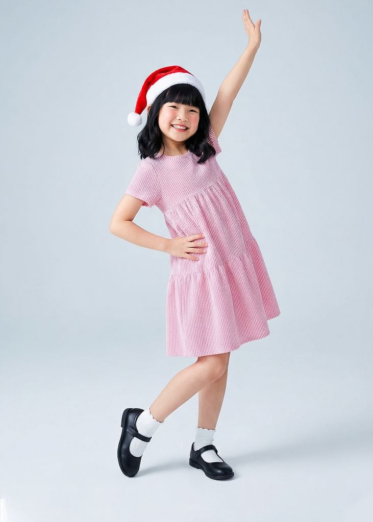 Đầm Thun Kiểu Hai Tầng Ngắn Tay Bé Gái Hồng