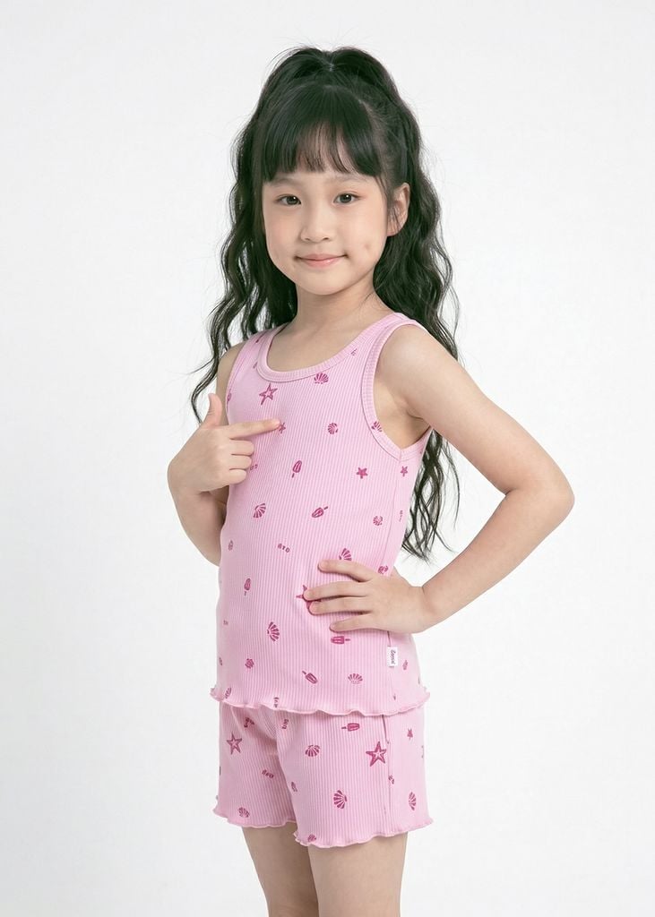 Đồ Bộ Ba Lỗ Bé Gái Gân Hồng Hoạ Tiết Biển