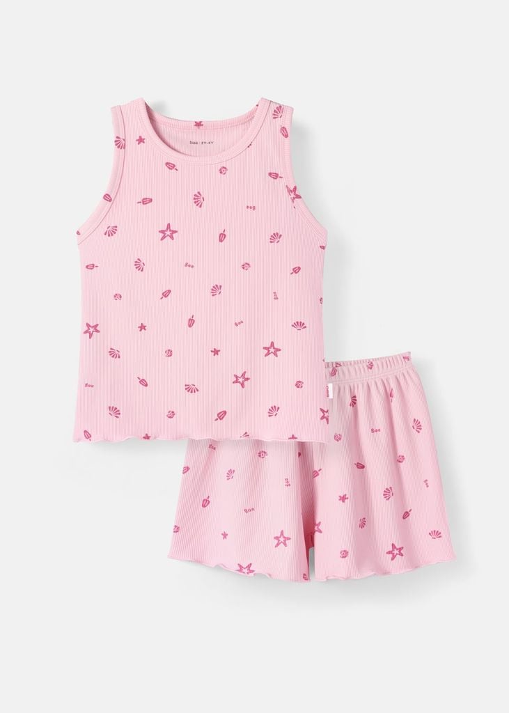 Đồ Bộ Ba Lỗ Bé Gái Gân Hồng Hoạ Tiết Biển