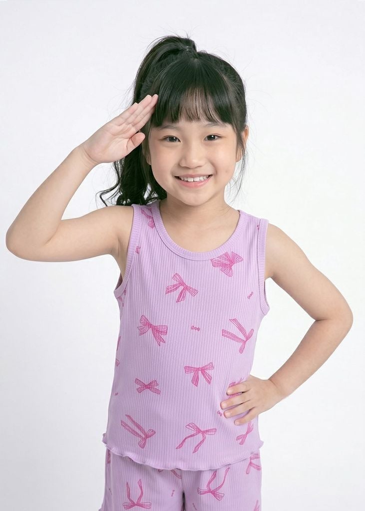 Đồ Bộ Ba Lỗ Bé Gái Gân Tím Hoạ Tiết Nơ