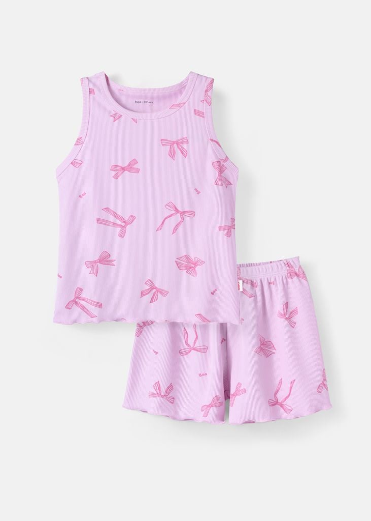 Đồ Bộ Ba Lỗ Bé Gái Gân Tím Hoạ Tiết Nơ