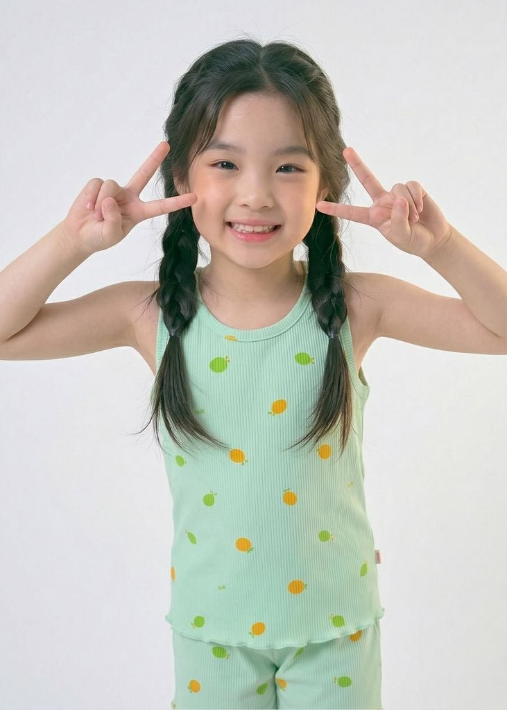 Đồ Bộ Ba Lỗ Bé Gái Gân Xanh Mint Hoạ Tiết Quả Chanh