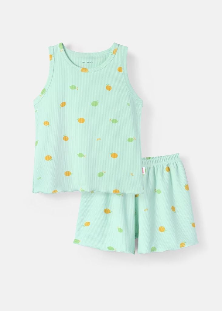 Đồ Bộ Ba Lỗ Bé Gái Gân Xanh Mint Hoạ Tiết Quả Chanh