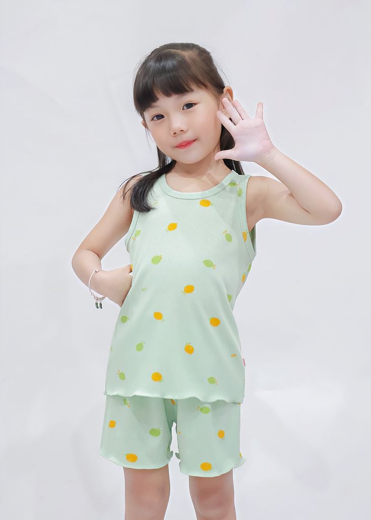 Đồ Bộ Ba Lỗ Bé Gái Gân Xanh Mint Hoạ Tiết Quả Chanh