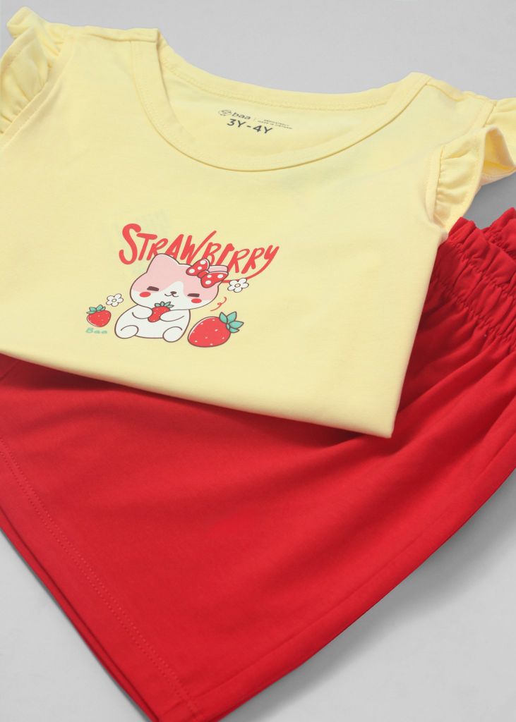 Đồ Bộ Cánh Tiên Bé Gái Vàng Strawberry Phối Đỏ