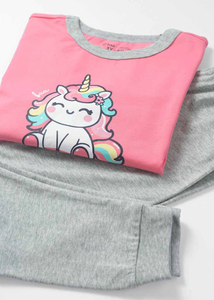 Đồ Bộ Dài Bé Gái Hồng Unicorn Phối Xám