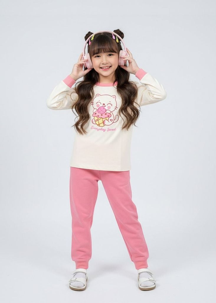 Đồ Bộ Dài Bé Gái Kem Everyday Sweet Phối Hồng