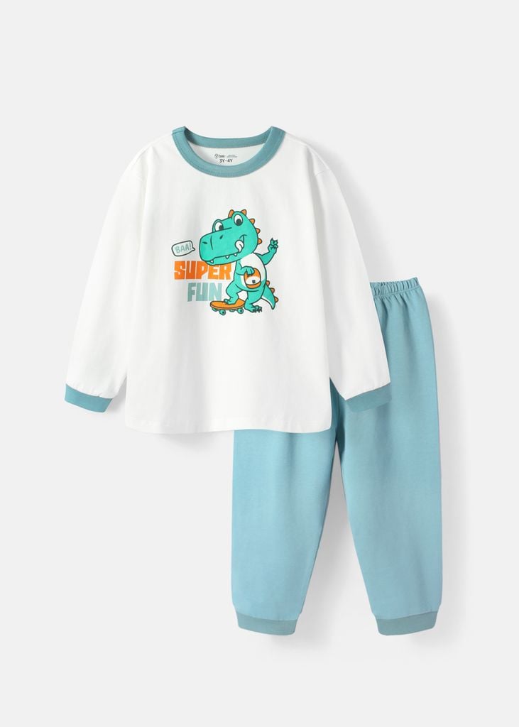 Đồ Bộ Dài Bé Trai Trắng Khủng Long Phối Xanh