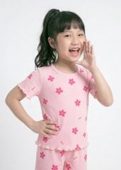 Đồ Bộ Ngắn Tay Bé Gái Gân Hồng Hoạ Tiết Hoa