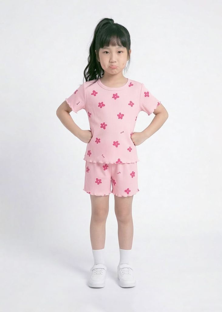 Đồ Bộ Ngắn Tay Bé Gái Gân Hồng Hoạ Tiết Hoa