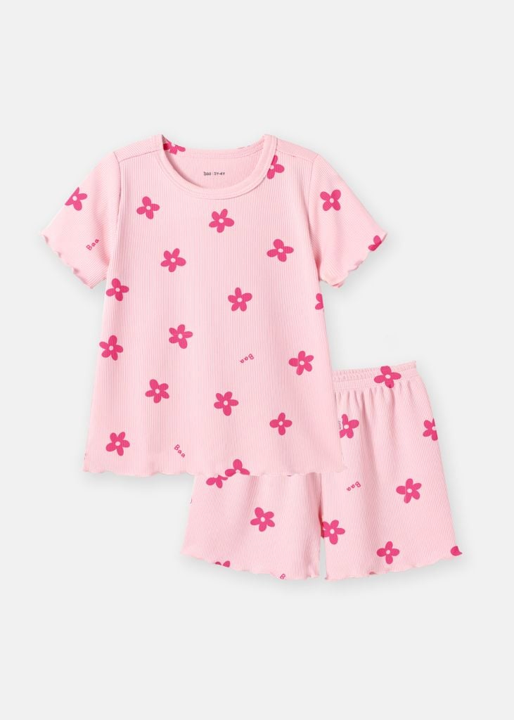 Đồ Bộ Ngắn Tay Bé Gái Gân Hồng Hoạ Tiết Hoa