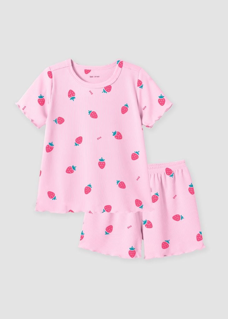 Đồ Bộ Ngắn Tay Bé Gái Gân Hồng Nhạt Hoạ Tiết Strawberry
