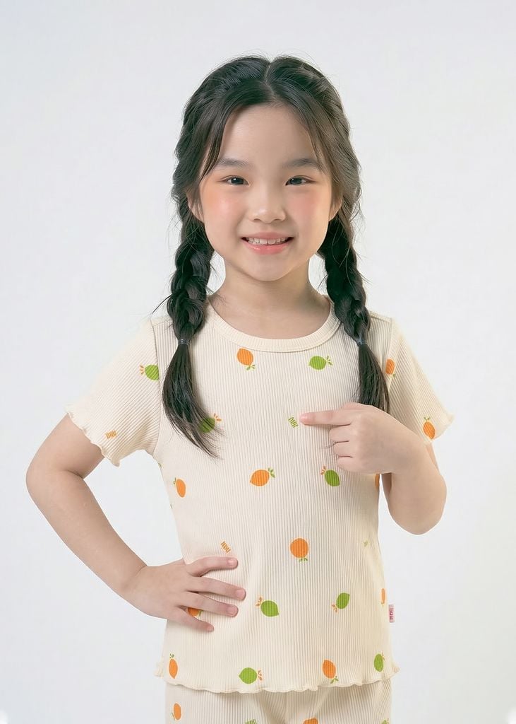 Đồ Bộ Ngắn Tay Bé Gái Gân Kem Hoạ Tiết Quả Chanh