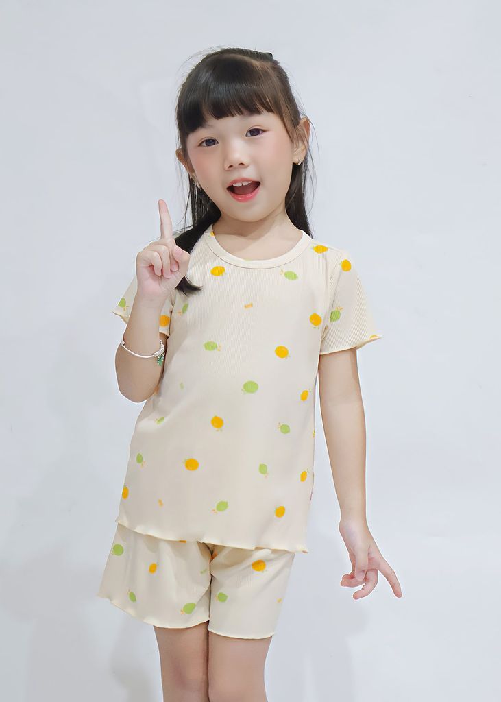 Đồ Bộ Ngắn Tay Bé Gái Gân Kem Hoạ Tiết Quả Chanh