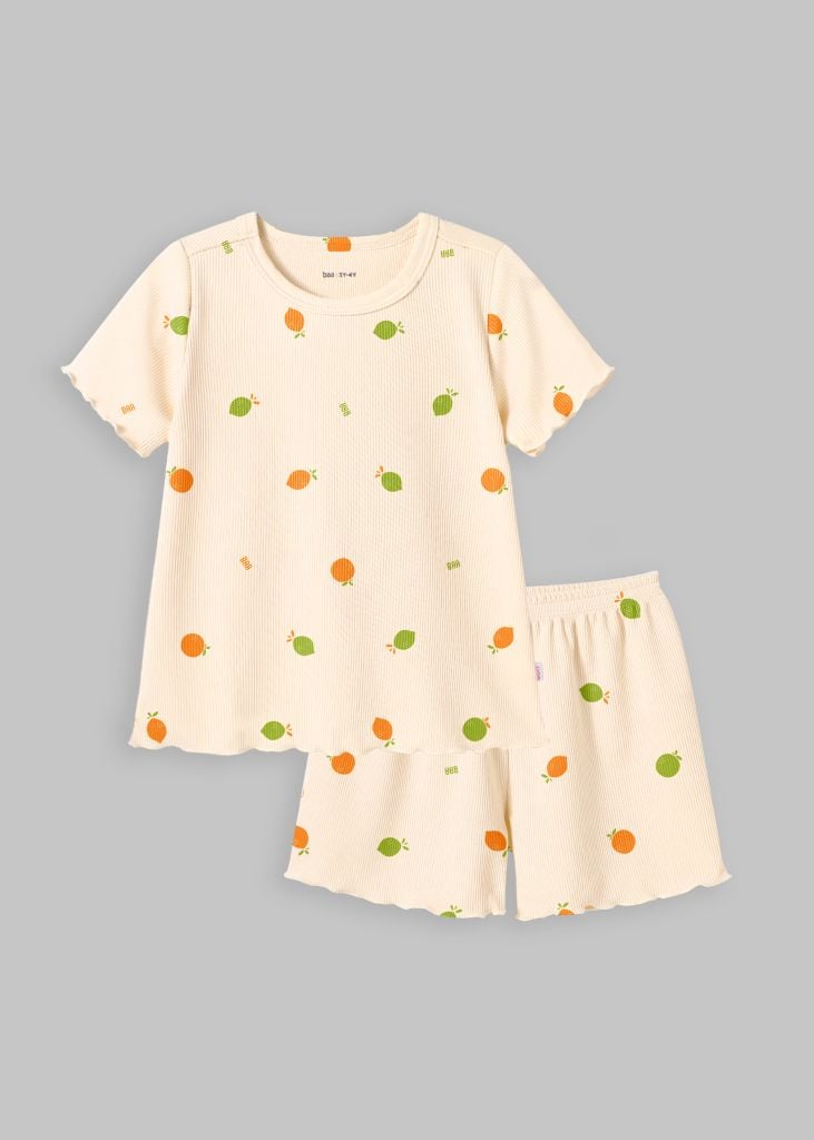 Đồ Bộ Ngắn Tay Bé Gái Gân Kem Hoạ Tiết Quả Chanh