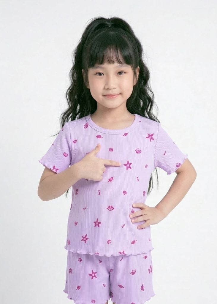 Đồ Bộ Ngắn Tay Bé Gái Gân Tím Hoạ Tiết Biển