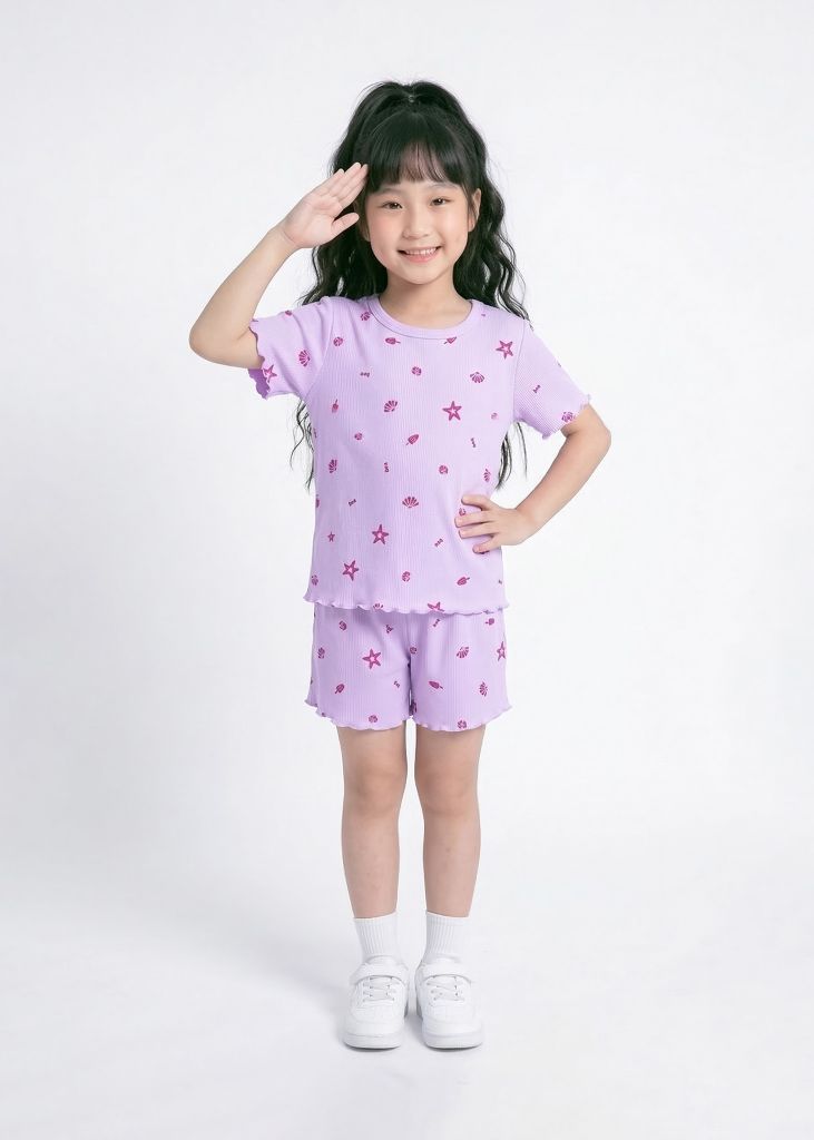 Đồ Bộ Ngắn Tay Bé Gái Gân Tím Hoạ Tiết Biển