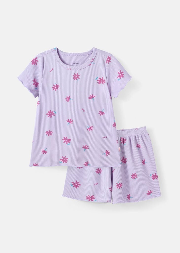 Đồ Bộ Ngắn Tay Bé Gái Gân Tím Hoạ Tiết Summer Flowers