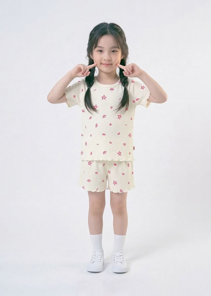 Đồ Bộ Ngắn Tay Bé Gái Gân Trắng Kem Hoạ Tiết Biển