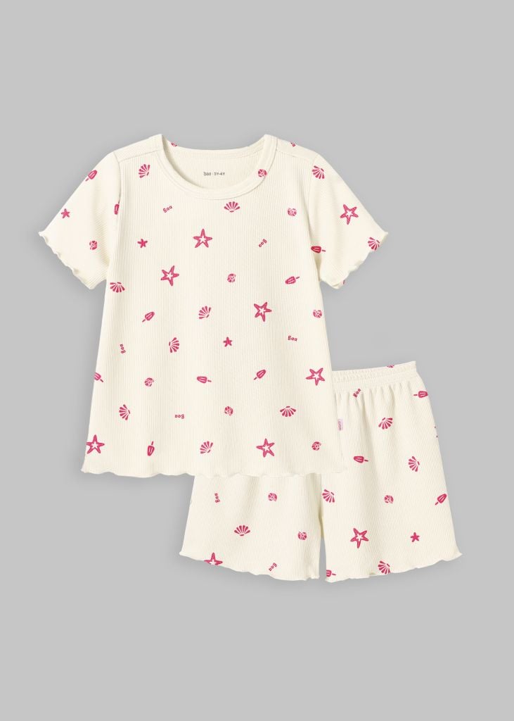 Đồ Bộ Ngắn Tay Bé Gái Gân Trắng Kem Hoạ Tiết Biển