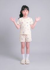 Đồ Bộ Ngắn Tay Bé Gái Gân Trắng Kem Hoạ Tiết Cầu Vồng