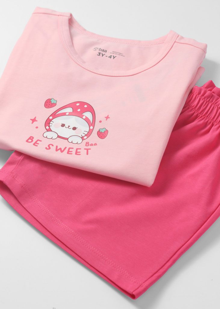 Đồ Bộ Ngắn Tay Bé Gái Hồng Dâu Be Sweet