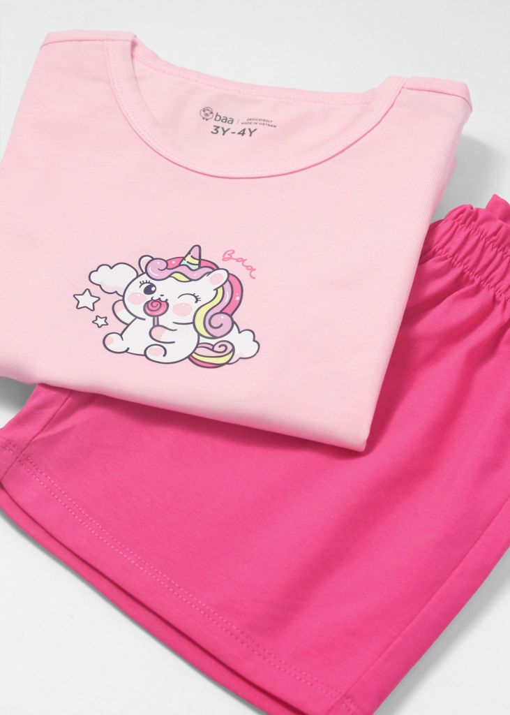 Đồ Bộ Ngắn Tay Bé Gái Hồng Nhạt Unicorn