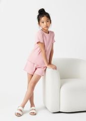 Đồ Bộ Ngắn Tay Bé Gái Thun Gân Hồng Chấm Bi