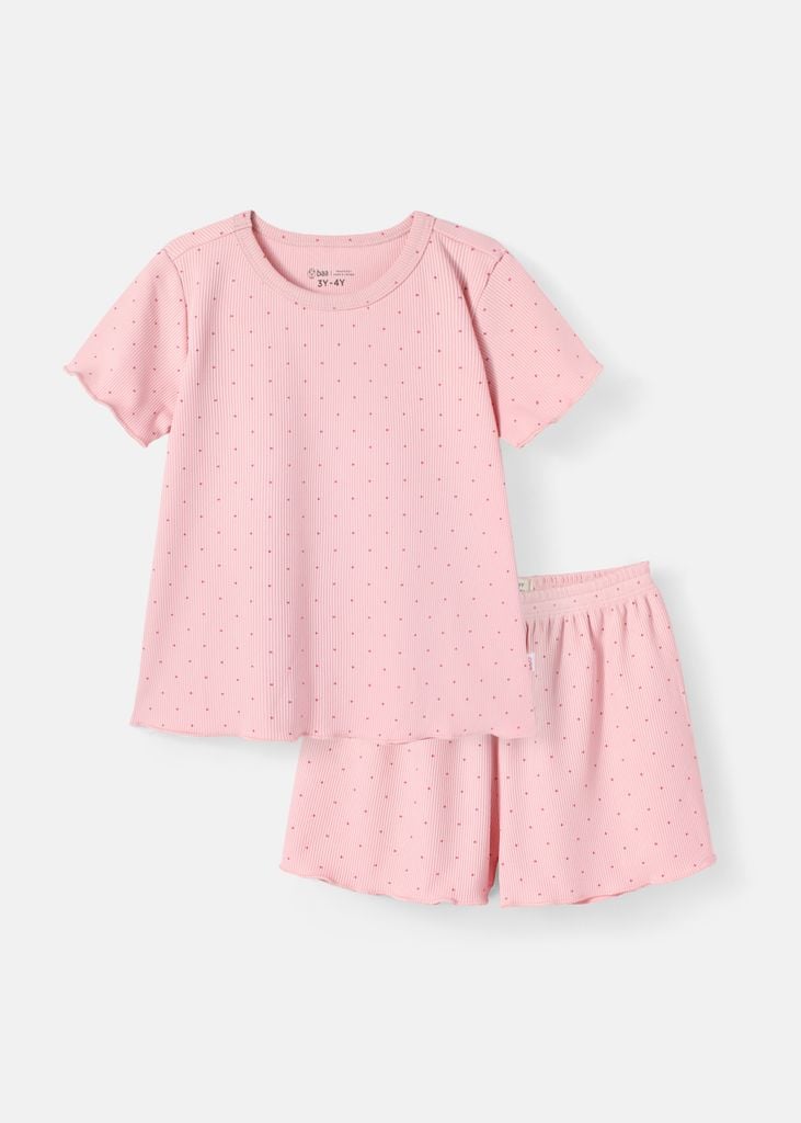 Đồ Bộ Ngắn Tay Bé Gái Thun Gân Hồng Chấm Bi